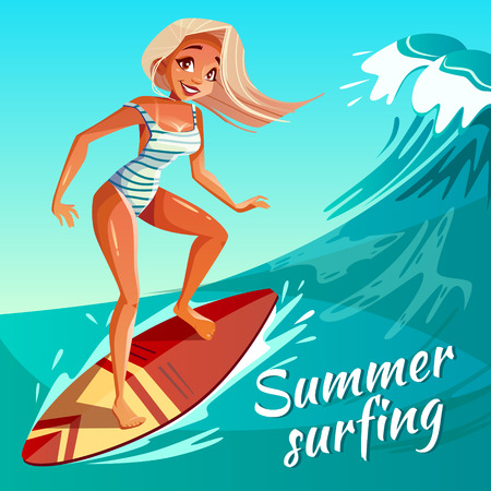Summer surfing vector illustration of girl or young woman surfer at board on ocean wave. Cartoon poster for summer sport activity and sea leisure hobbyのイラスト素材