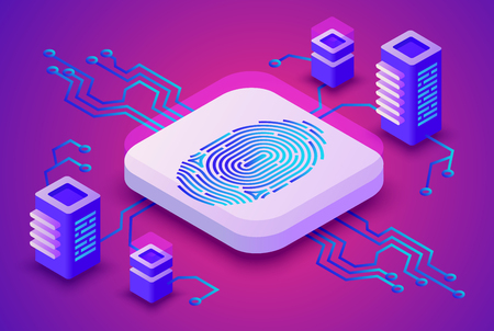 Biometrics blockchain technology vector illustration of digital fingerprint security for cryptocurrency concept. Data communication server and secure access scanner on purple ultraviolet backgroundのイラスト素材