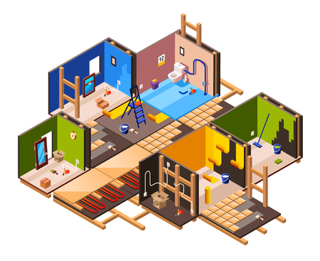 Vector isometric home interior renovation and repair work process stages in house cross section. Plumbing, sanitary ware installation tile laying in bathroom Wall plastering, painting wallpaper gluingのイラスト素材