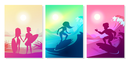 Surfers at ocean vector illustration of boy and girl couple with boards at Hawaii beach. Silhouette of man and woman holding by hands on summer surfing at blue and ultraviolet sun backgroundのイラスト素材