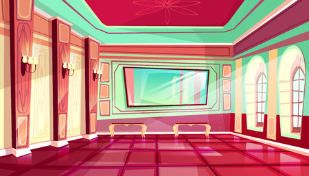 Palace ballroom vector illustration of royal hall of luxury medieval castle. Flat cartoon ball room interior background with lamps on pillars, mirror and windows with benches on tile floorのイラスト素材