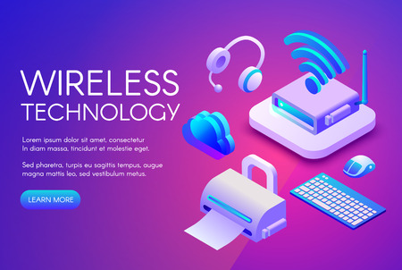 Wireless technology vector illustration of digital devices on Wi-Fi, Bluetooth or NFC connection. Cloud communication in computer keyboard and mouse, smartphone or earphones on ultra violet backgroundのイラスト素材