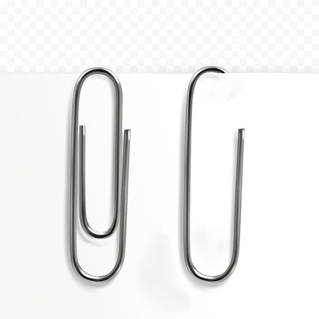 Paper clip vector illustration of 3D realistic metal clip on paper sheet of memo note isolated on transparent backgroundのイラスト素材