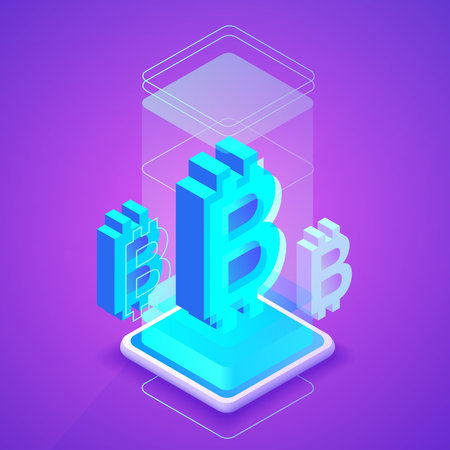 Bitcon cryptocurrency vector illustration of blockchain or bit coin mining farm. Digital crypto currency tehcnology concept on purple ultraviolet backgroundのイラスト素材
