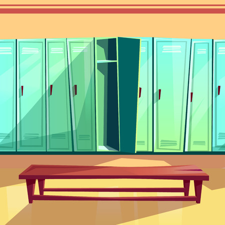 Locker room vector illustration of seamless gym or school sport changing room. Cartoon background of blue row of lockers with wooden bench for parallax or computer games pattern templateのイラスト素材