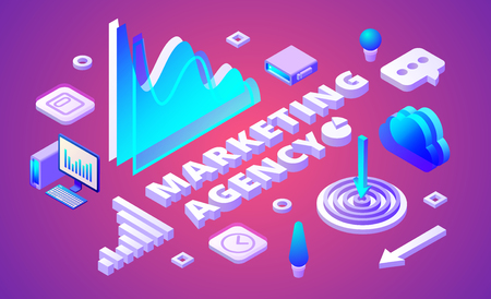 Marketing agency vector illustration of market research and business symbols. Isometric market analysis and management infographic, computer and cloud data on purple ultraviolet backgroundのイラスト素材