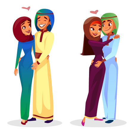 Vector cartoon arab couples hugging expressing love, togetherness set. Happy muslim men, khaliji women in hijab standing together smiling. Husbands and wifes in national costumes dating.のイラスト素材
