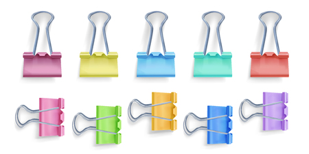 Binder clip vector illustration of 3D realistic metal color foldover or foldback clip for paper sheets of memo notes isolated on white background with shadowのイラスト素材