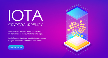 Iota cryptocurrency vector illustration of blockchain mining technology. Isometric digital MIOTA crypto currency for data and payment transaction in internet of things on purple ultraviolet backgroundのイラスト素材