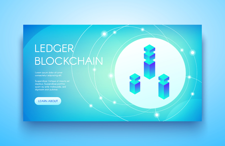 Ledger blockchain vector illustration for cryptocurrency or ICO and API technology. Digital communication server for bit coin crypto currency mining farm and platform on blue backgroundのイラスト素材