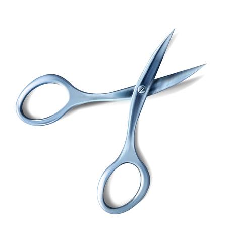 Scissors 3D realistic vector illustration of metal or still, open or cutting on white background with shadow for opening ceremony or manicure and office stationery design elementのイラスト素材