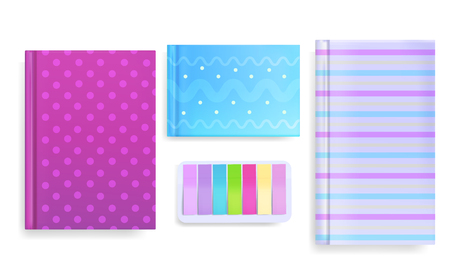 Diary and memo notes vector illustration of book or copybook with color ornament or pattern cover. Photo albums or art scrapbooks and sticky message paper set on white backgroundのイラスト素材