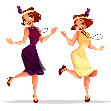 Jazz dancers vector illustration of middle age women dancing charleston or cabaret music performance in retro dress and with vintage jewelry and feather plume on hat.のイラスト素材