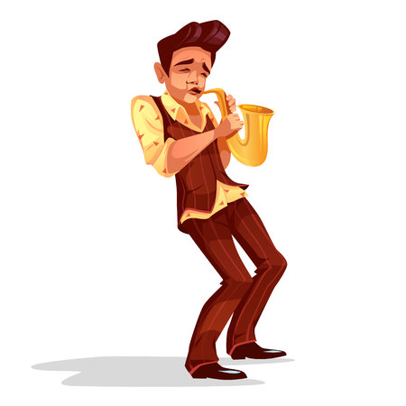 Jazzman with saxophone vector illustration of man playing jazz music or performing on musical stage in retro suit and shirtのイラスト素材