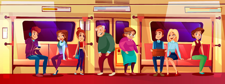 People in subway vector illustration of young boys and girls not giving seat place for elderly old man and woman standing in metro and holding by handhold in crowded train for social issue concept.のイラスト素材
