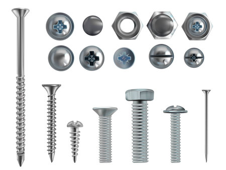 Vector 3d realistic illustration of stainless steel bolts, nails and screws on white background. Top and side view of industrial chrome hardware, different heads with nuts and washersのイラスト素材