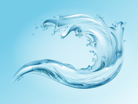 Water splash realistic vector illustration of 3d water wave with blue clear transparent effect of pure splashing drops. Template for mineral drinking water or moisturizer cosmetic package designのイラスト素材