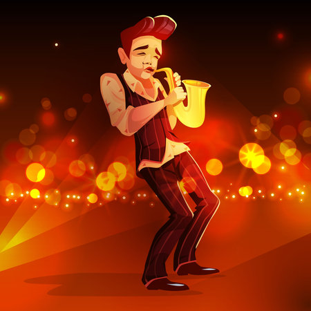 Jazzman with saxophone vector illustration. Man playing jazz music in retro suit and shirt with sax on cartoon golden light sparkles background for night club performance design templateのイラスト素材