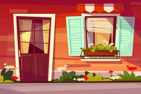 House facade vector illustration of entrance door with glass and window shutter and awning. Cartoon background of wooden building front exterior with garden yard and flowers in potのイラスト素材