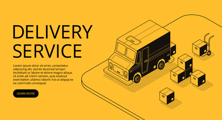 Delivery service vector illustration of thin line art in black isometric halftone style. Logistics transport technology of loader truck car and parcel boxes on yellow backgroundの写真素材