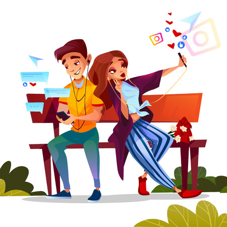 Young couple dating vector illustration of teen boy and girl sitting on bench together with flowers bunch and occupied with smartphones chat and busy with selfie photo and social network.の写真素材