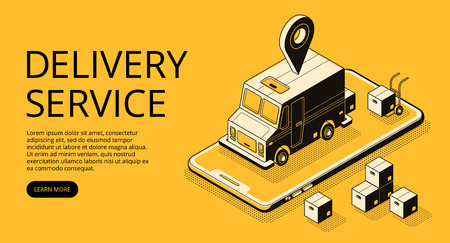 Delivery service vector illustration of loader truck and parcel boxes at warehouse. Logistics and transport technology thin line art and isometric black halftone design on yellow backgroundの写真素材