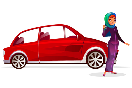 Arab woman and car cartoon vector illustration. Modern rich girl in Saudi Arabia hijab and khaliji smiling happy and holding keys from new red automobile purchaseのイラスト素材