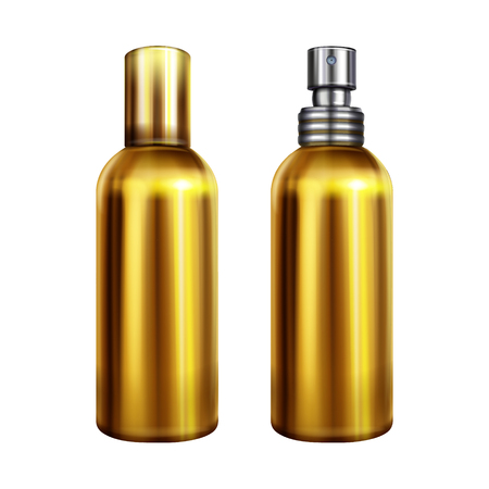 Perfume spray vector illustration of metallic golden bottle or container with silver sprayer cap closed and open. Isolated 3D realistic mockup model for premium brand designのイラスト素材
