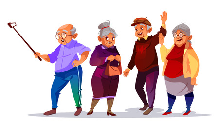 Old people making photo selfie vector illustration. Cartoon elderly man and woman smiling with hello hand gesture for smartphone photograph on vacation or travelのイラスト素材