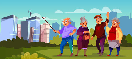 Vector group of old people with selfie stick at green park. Cartoon senior characters making photo. Trendy modern grandparents walk outside. Happy pensioners at retirement.のイラスト素材