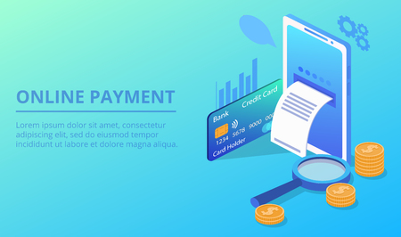 Online payment vector illustration for secure money transfer with smartphone. NFC pay or mobile web and ATM banking technology in smartphone with dollar coins, credit card and transaction receiptのイラスト素材