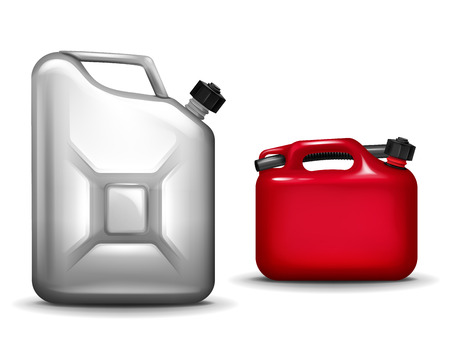 Gasoline canister vector illustration of 3D realistic plastic and aluminium metal container for car petroleum and fuel. Isolated mockups with funnel on white backgroundのイラスト素材
