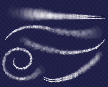 Airplane air jet trail vector illustration of aircraft condensation trace in sky. Isolated white realistic contrails line swirl clouds from rocket or spaceship launchのイラスト素材