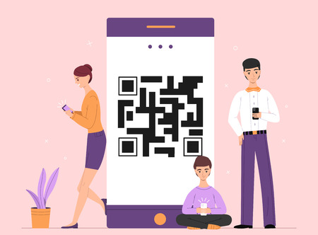 People online chat on smartphones vector illustration of man, woman and teen texting or surfing in internet. Mobile phone with QR code for business or communication conceptの写真素材