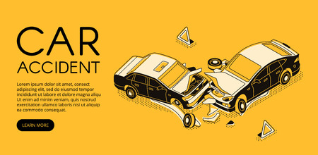 Car accident vector illustration of vehicle crash for driver insurance or automotive repair service. Isometric black thin line web banner design on yellow halftone backgroundのイラスト素材