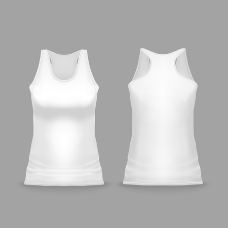 White female sport tank top vector illustration of 3d realistic casual or sportswear or T-shirt mockup model for promo branding. Isolated template of sleeveless woman vest or gym wear for print designのイラスト素材