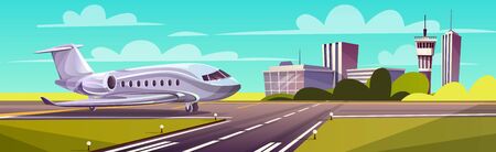 Vector cartoon illustration, gray airliner, jet on runway. Takeoff or landing of commercial airplane against background of blue sky or airport building with control tower. Concept advertising bannerの写真素材