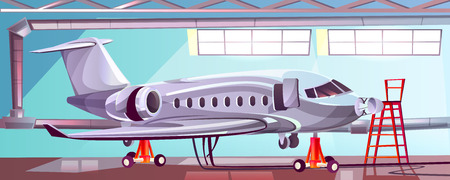 Vector cartoon illustration gray airliner, jet in aviation hangar. Maintenance and service of commercial airplane during technical preflight preparation. Concept advertising banner, safety of flightのイラスト素材
