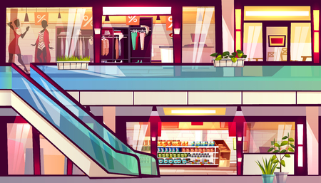 Mall with shops and cafes vector illustration. Escalator staircase with grocery store supermarket, menswear and womenswear clothes fashion boutique with sale, window displays on cartoon backgroundのイラスト素材