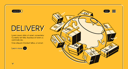 Global postal mail delivery vector illustration in isometric thin line design on yellow halftone background. Mail envelopes and parcel boxes with postage stamps around world globeのイラスト素材