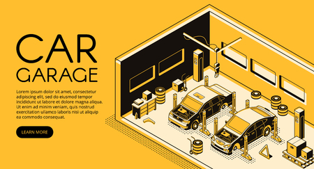 Car garage auto repair mechanic station vector illustration in isometric black thin line design on yellow halftone background. Automotive diagnostic service, car lift and tire replacement toolsのイラスト素材