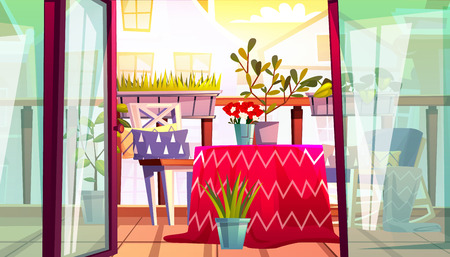 Balcony with table and chairs vector illustration of home terrace from apartments with balcony garden, view on street houses. Cartoon comfortable vintage cozy flat backgroundのイラスト素材