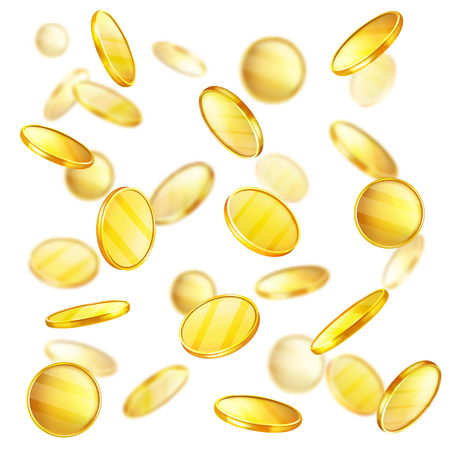 Gold coins jackpot casino win vector illustration. Golden money cash splash or splatter background for bank investment, rich wealth and abundance concept designのイラスト素材