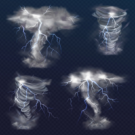 Tornado with lightning vector illustration of realistic thunderbolt light flash in twister hurricane. Wind cyclone vortex in storm weather isolated on transparent backgroundのイラスト素材