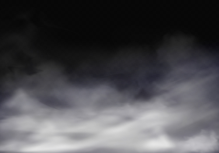 Vector 3d realistic illustration of fog, grey mist or cigarette smoke. Translucent smog isolated on transparent background. The special effect of vapor, gray chemistry spray.のイラスト素材