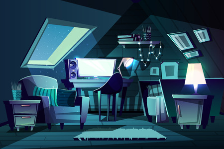 Vector illustration of girl s room at night. Cartoon garret with window, armchair with cushion and furniture. Cozy attic in moonlight with switched-on monitor, garland. Bedroom, living room backgroundのイラスト素材