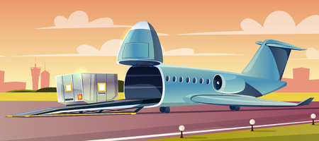 Unloading or loading heavy container on cargo airplane with upped nose in airport cartoon vector illustration. Air freight transportation, global trade delivery service or cargo arline company conceptのイラスト素材