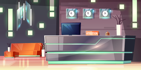 Vector cartoon background of hotel reception, foyer. Modern desk, illumination of empty hall. Lobby with sofa, clocks and chandelier. Tourism, business trip concept. The contemporary interior of inn.のイラスト素材