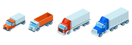 Vector set of 3d isometric trucks, multi-ton vehicles. Cars with cargo isolated on white background. Van, lorry in red, grey and blue colors. Shipping, delivery concept. Transport collection.の写真素材