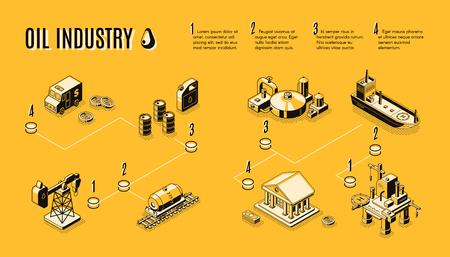 Oil industry, petroleum production process components line art, isometric vector concept. Petroleum extraction and refining, fuel transportation from drilling rig to plant and oil market infographicsのイラスト素材